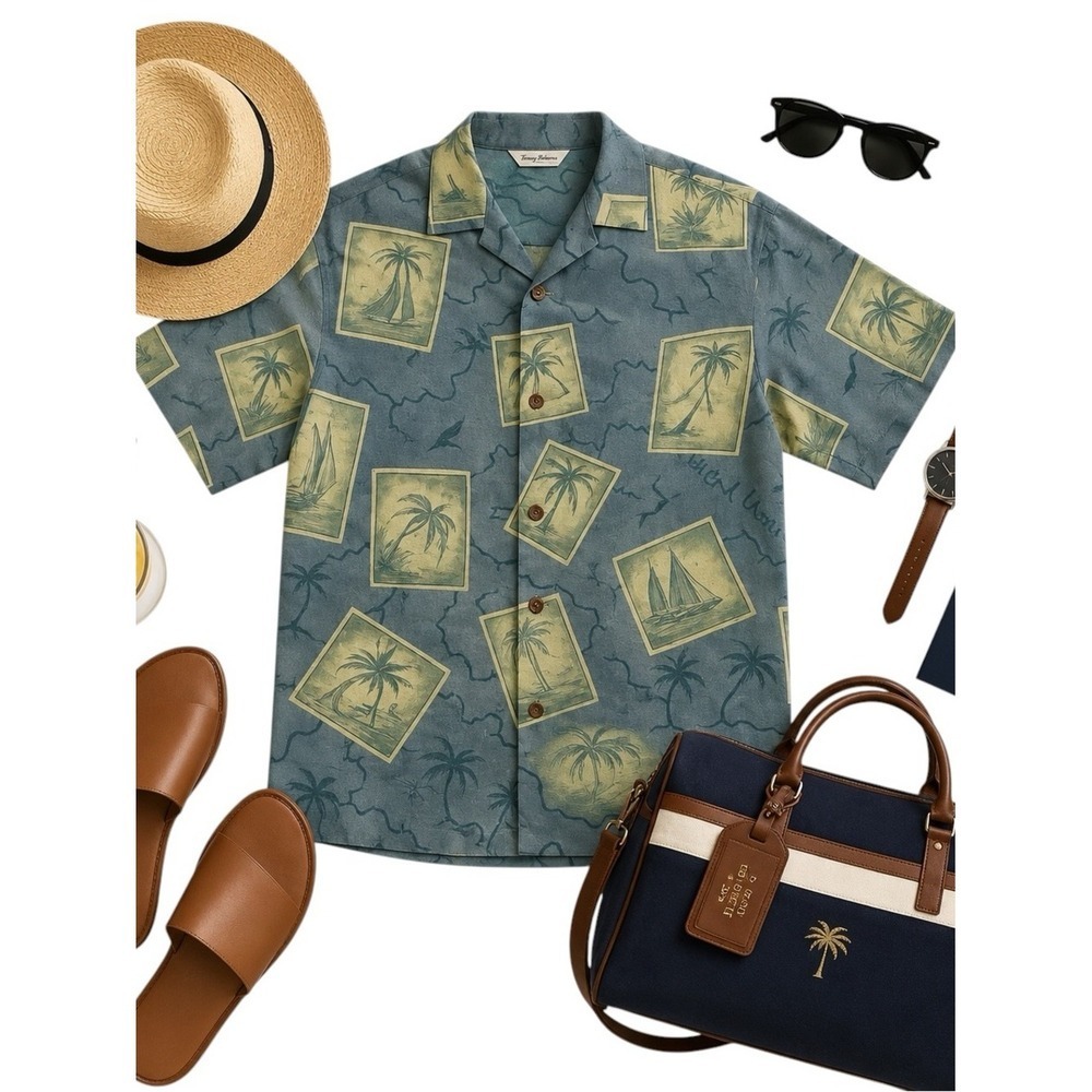 Tommy Bahama Blue Silk Hawaiian Camp Shirt Men's Large Tropical Resort Aloha EUC - Picture 2 of 16